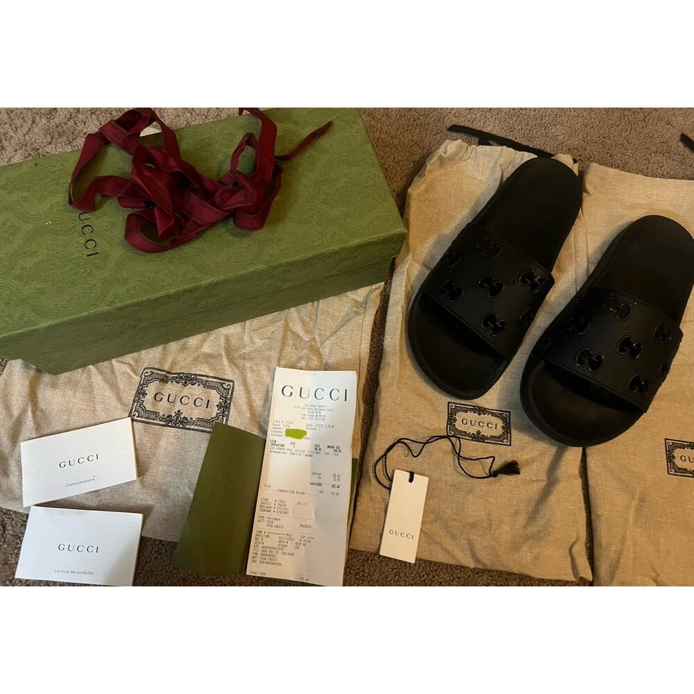 Gucci Rubber GG Logo Pursuit Slides Sandals Black Women’s Size 41 Authentic - Picture 2 of 10